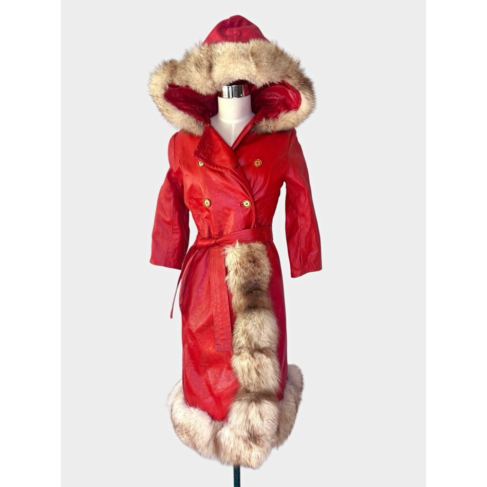 Vintage 70s Long Red Leather Fox Fur Trim Coat Hooded Belted FLAWED AS IS